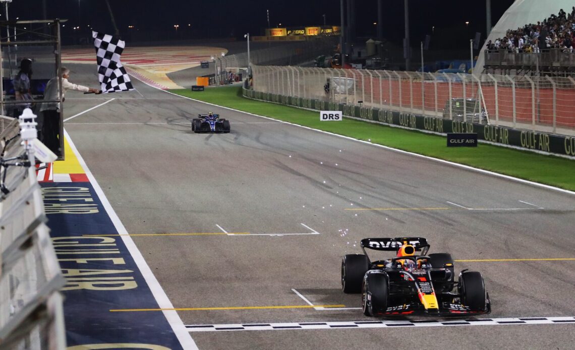 F1 Grand Prix of Bahrain, Max Verstappen checkered flag, Peter Fox/Getty Images via Red Bull Content Pool