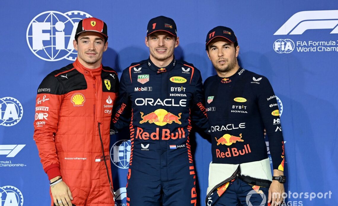 Top three Qualifiers Charles Leclerc, Scuderia Ferrari, pole man Max Verstappen, Red Bull Racing, Sergio Perez, Red Bull Racing