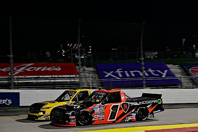 2023 Trucks Martinsville side-by-side racing - Grant Enfinger, No. 23 GMS Racing Chevrolet, and William Sawalich, No. 1 TRICON Garage Toyota (Credit: NKP)