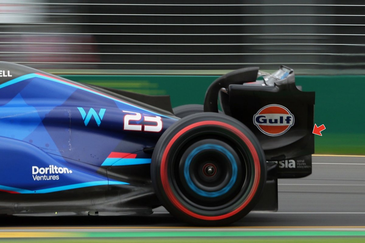 Williams FW45 rear wing endplate upwash strike