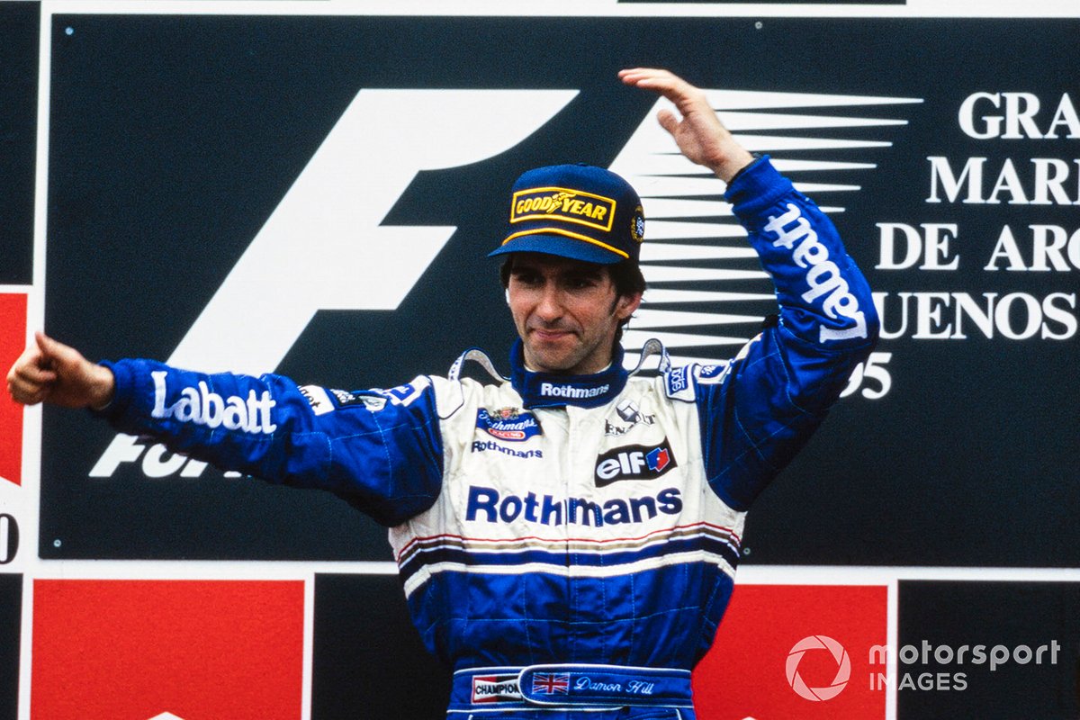 Race winner Damon Hill, Williams celebrates on the podium