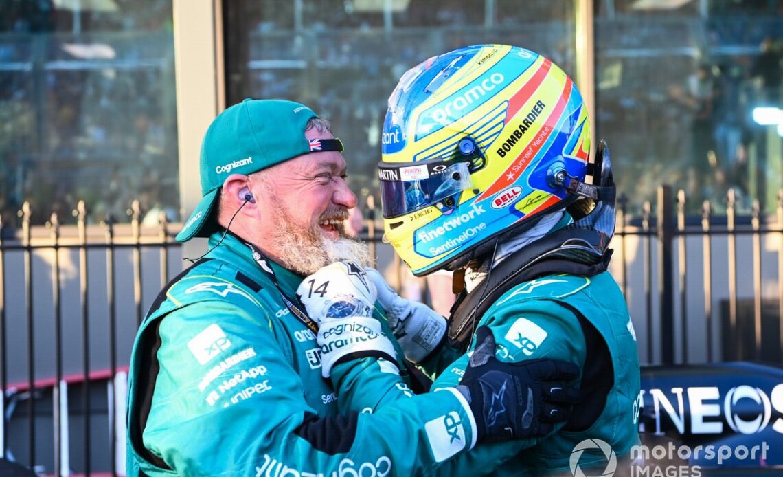 Fernando Alonso, Aston Martin F1 Team, 3rd position, celebrates in Parc Ferme with a team mate