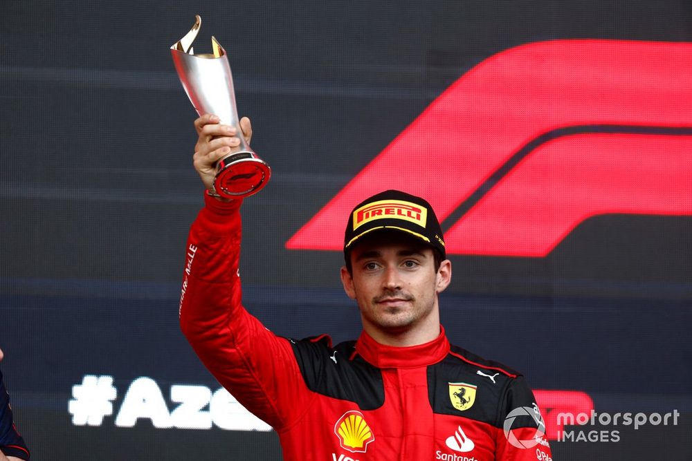 Charles Leclerc, Scuderia Ferrari, 3rd position, with his trophy