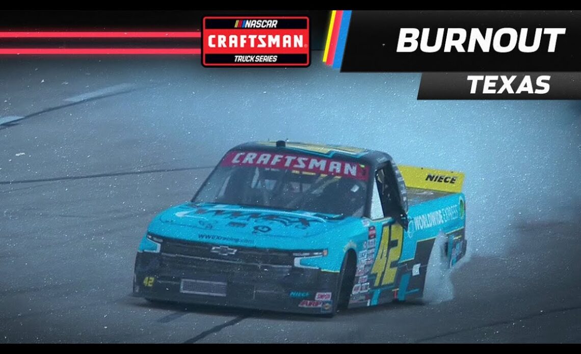 Carson Hocevar celebrates first career win with burning rubber