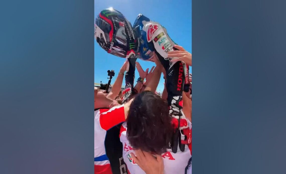 Celebrations go WILD in parc fermé for Rins and the LCR family! 🥳🤠 | #AmericasGP 🇺🇸