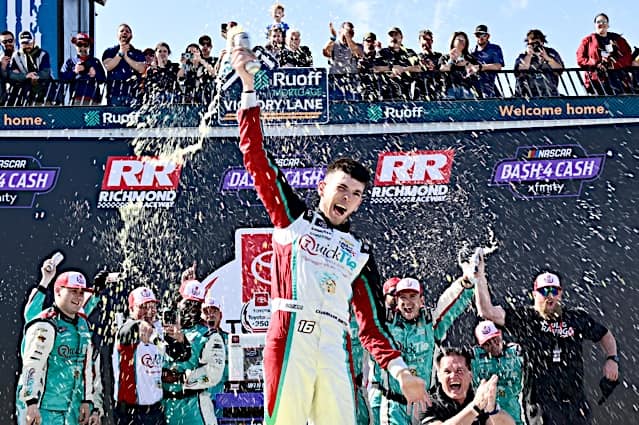 Chandler Smith celebrates in victory lane after winning the NASCAR Xfinity Series race at Richmond Raceway, NKP