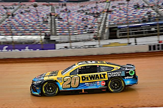 NASCAR Cup Series #20: Christopher Bell, Joe Gibbs Racing, DEWALT POWERSTACK Toyota Camry racing in the 2023 Bristol Motor Speedway dirt race, NKP