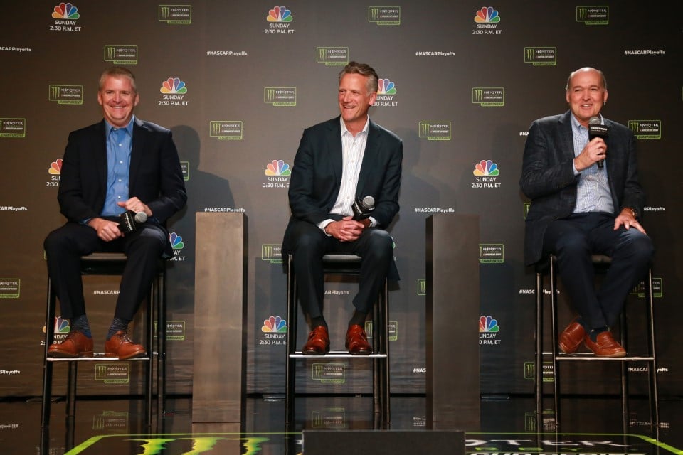 MIAMI, FLORIDA - NOVEMBER 14: (l-R) NBC On air personality Jeff Burton, NASCAR President Steve Phelps and NBC Executive Producer & President Sam Flood announce NBC Sports to launch ‘TrackPass on NBC Sports Gold’ during the NASCAR 2019 Championship 4 Media Day at the Edition Hotel on November 14, 2019 in Miami, Florida. (Photo by Sean Gardner/Getty Images)