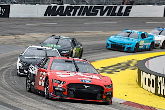 Joey Logano leads the pack in the NASCAR Cup Series at Martinsville Speedway April 2023. Photo: NKP