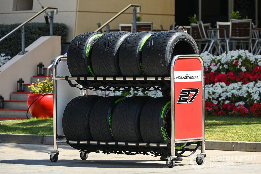 Pirelli tyres on a Nico Hulkenberg branded Haas F1 Team trolley