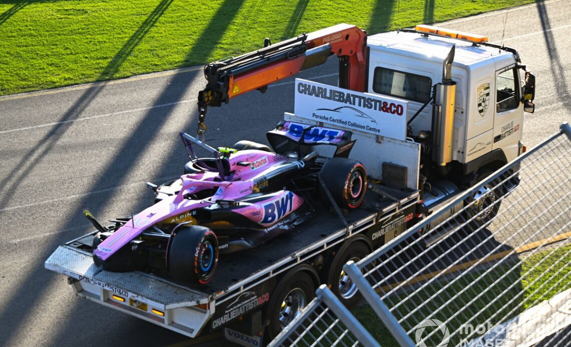 The damaged car of Pierre Gasly, Alpine A523, on a flatbed truck