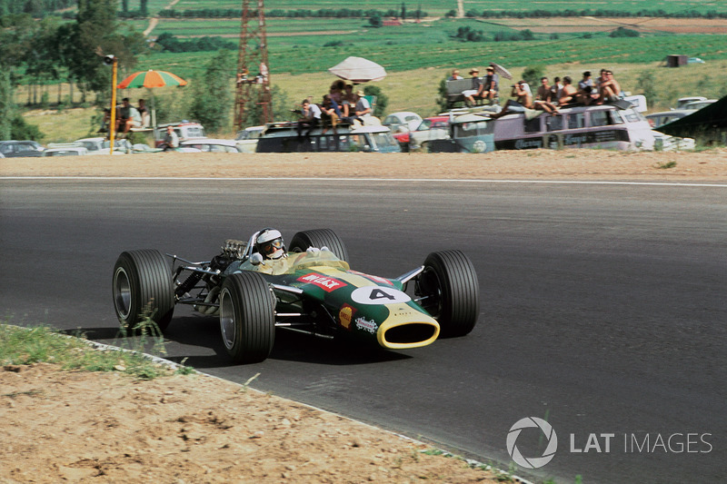 Jim Clark, Lotus 49 Ford DFV at Kyalami on New Year's Day 1968. Final Grand Prix for the great man, completed in time-honored style with  pole, fastest lap and victory.