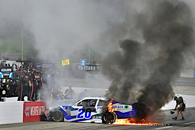 2023 Xfinity Martinsville I John Hunter Nemechek, No. 20 Joe Gibbs Racing Toyota, fiery burnout (Credit: NKP)