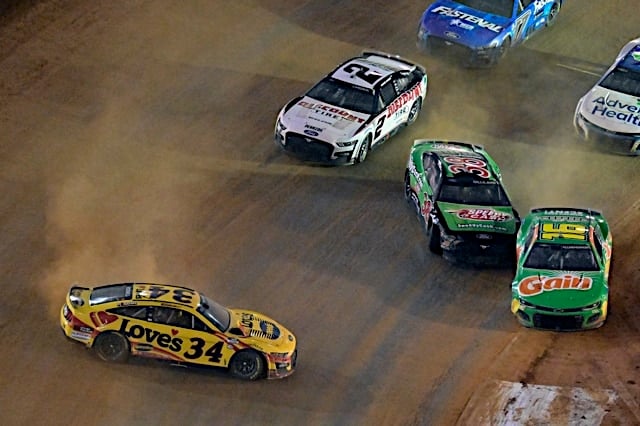 Michael McDowell spins as Todd Gilliland tags AJ Allmendinger's right rear trying to avoid at the NASCAR Cup Series Food City Dirt Race at Bristol Motor Speedway, NKP