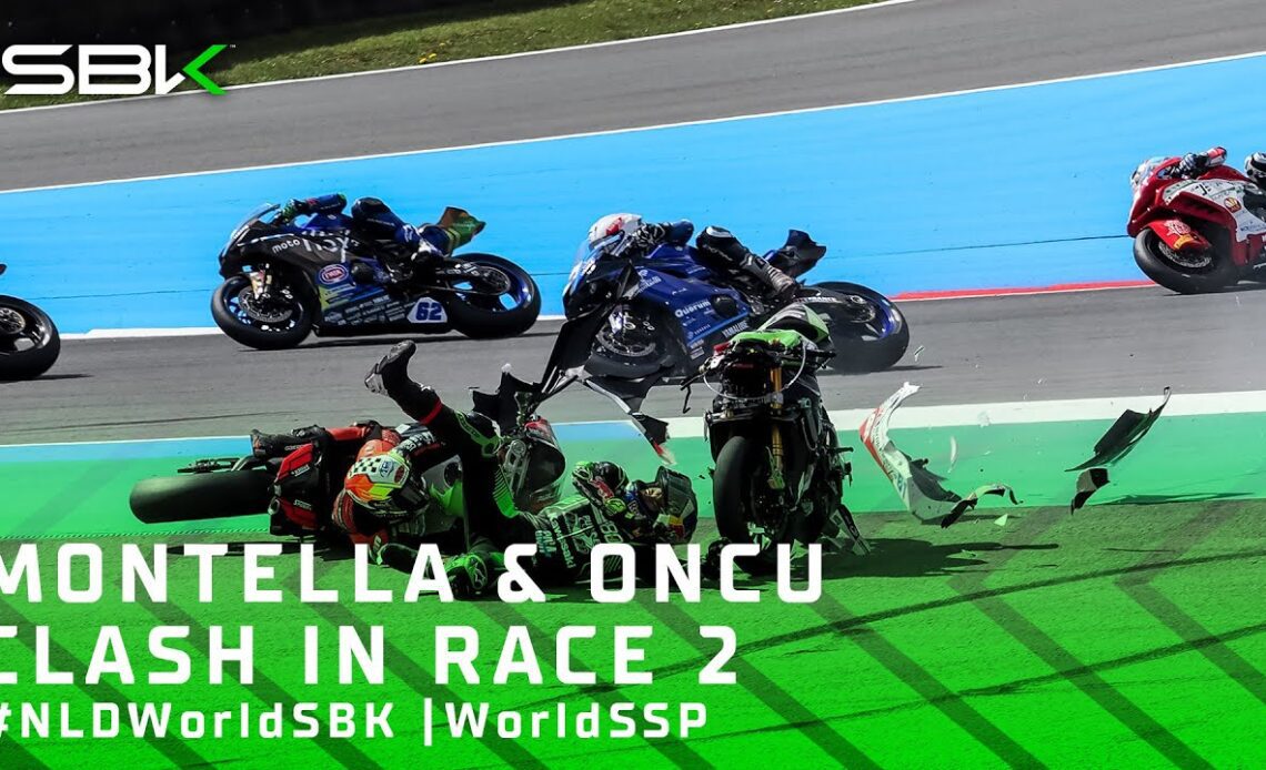 Montella and Oncu tangle at hectic Turn 1 in WorldSSP Race 2 💥 | #NLDWorldSBK 🇳🇱