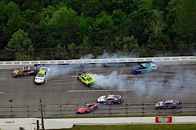 NASCAR Cup Series cars of Bubba Wallace, Austin Cindric and AJ Allmendinger crashing at the end of the GEICO 500 at Talladega Superspeedway, NKP