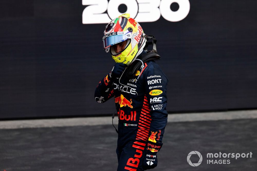 Sergio Perez, Red Bull Racing, 1st position, celebrates on arrival in Parc Ferme