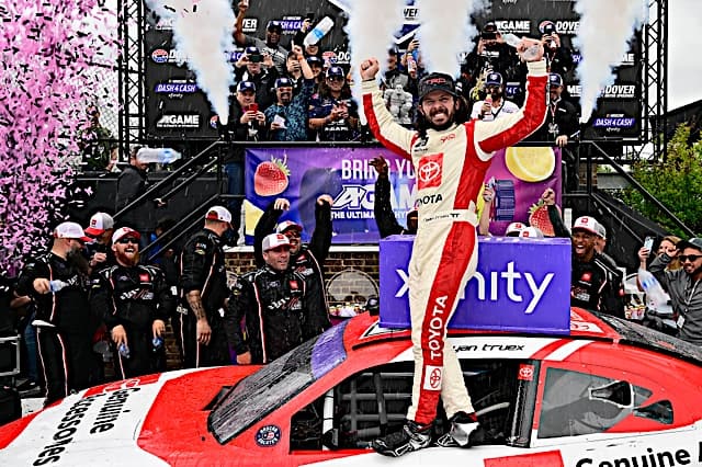NASCAR Xfinity Series driver Ryan Truex celebrates after winning the A-Game 200 at Dover Motor Speedway, NKP