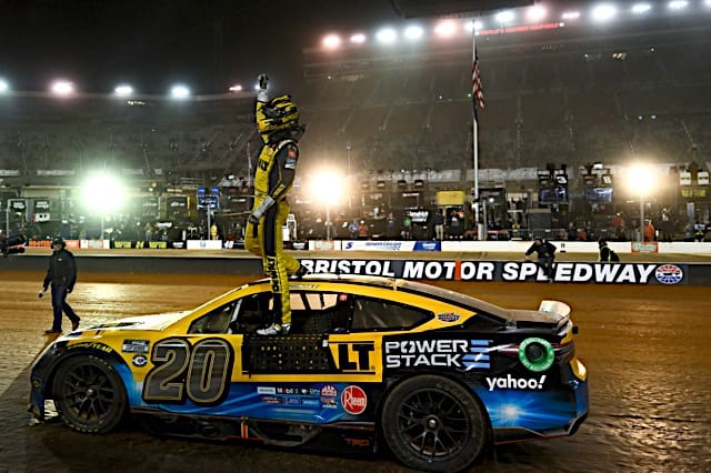 Christopher Bell celebrates winning the NASCAR Cup Series Food City Dirt Race at Bristol Motor Speedway, NKP