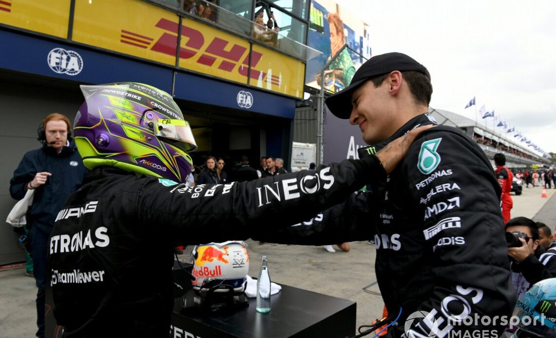 Lewis Hamilton, Mercedes-AMG, 2nd position, is congratulated by George Russell, Mercedes-AMG