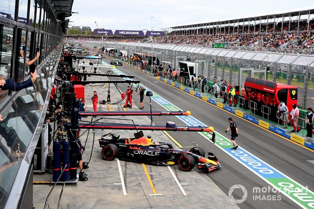 Max Verstappen, Red Bull Racing RB19, leaves the garage