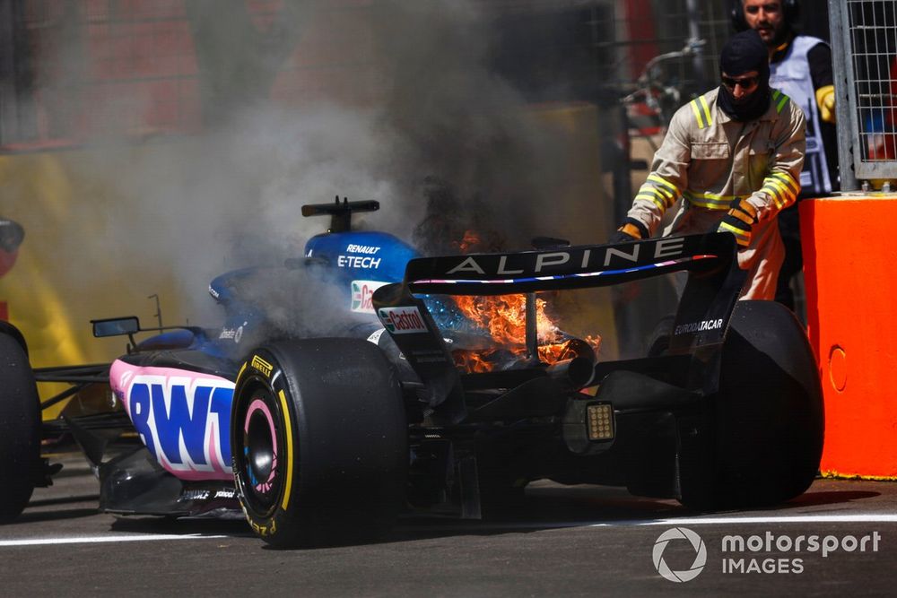 Pierre Gasly, Alpine A523, comes to a halt with a fire