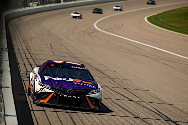 #11: Denny Hamlin, Joe Gibbs Racing, FedEx Express Toyota Camry wins the NASCAR Cup Series AdventHealth 400 at Kansas Speedway