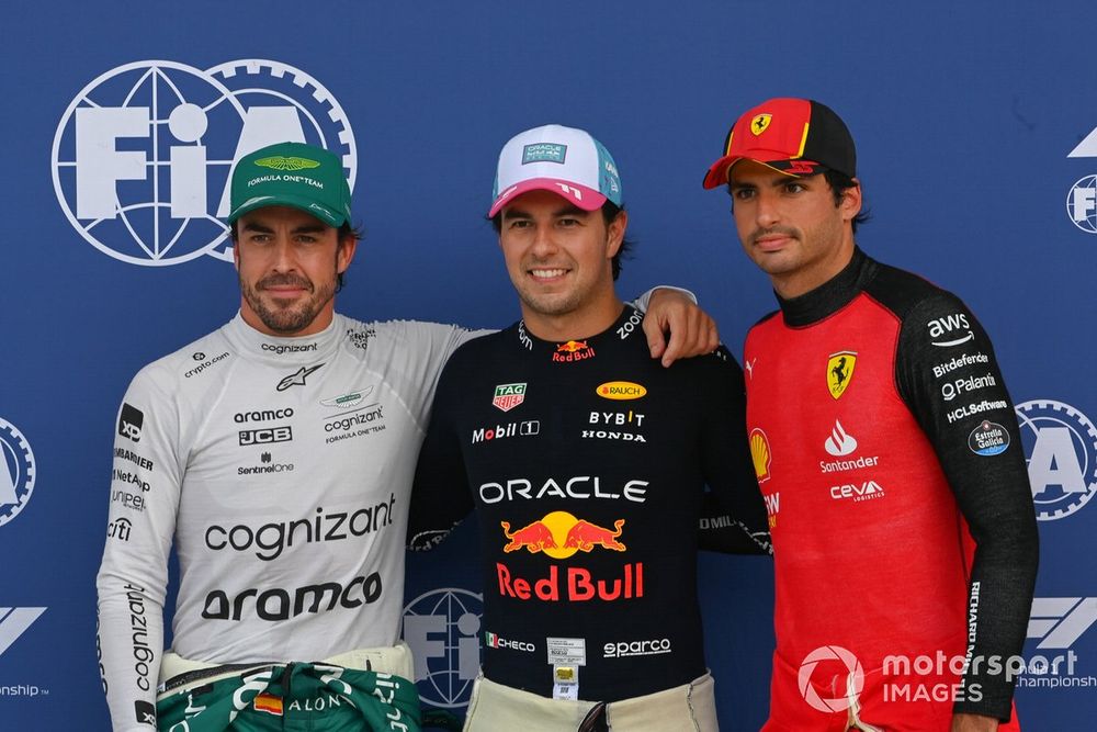 Top three Qualifiers Fernando Alonso, Aston Martin F1 Team, pole man Sergio Perez, Red Bull Racing, and Carlos Sainz, Scuderia Ferrari