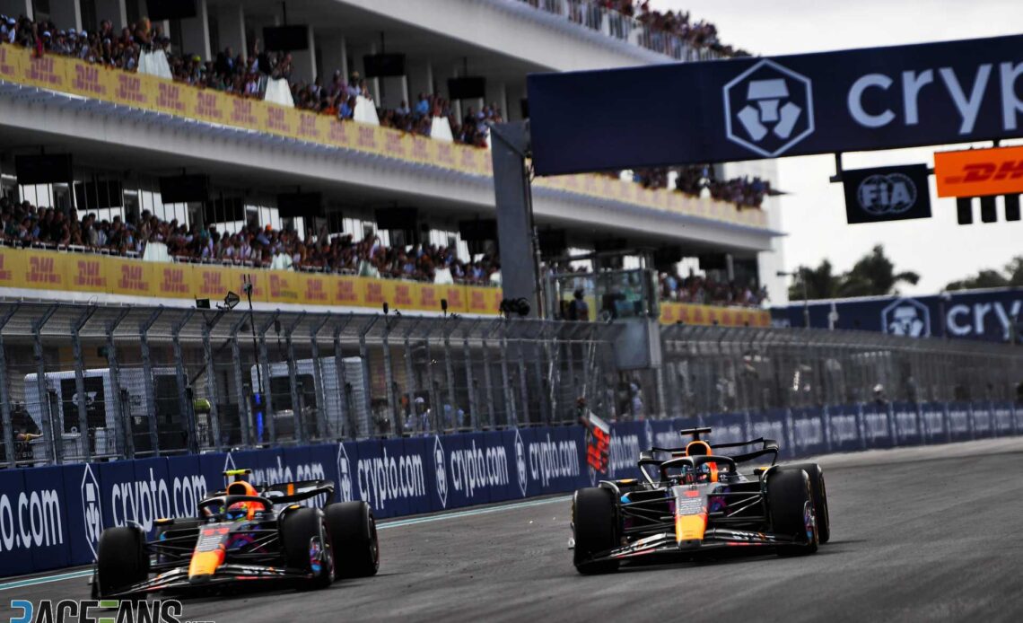 (L to R): Sergio Perez, Max Verstappen, Red Bull, Miami International Autodrome, 2023