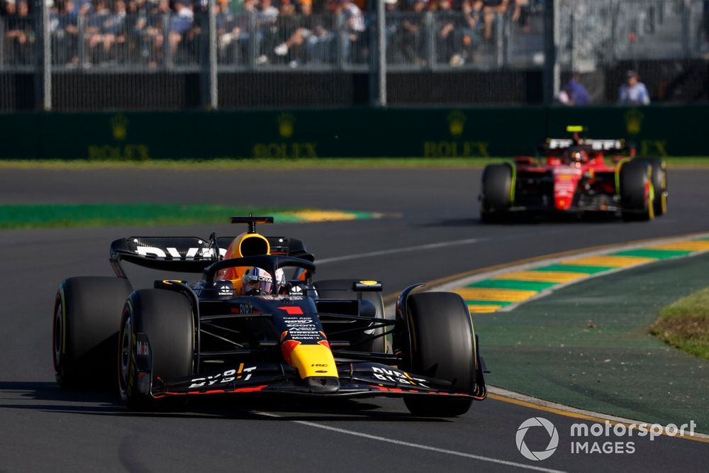 Max Verstappen, Red Bull Racing RB19, leads Carlos Sainz, Ferrari SF-23