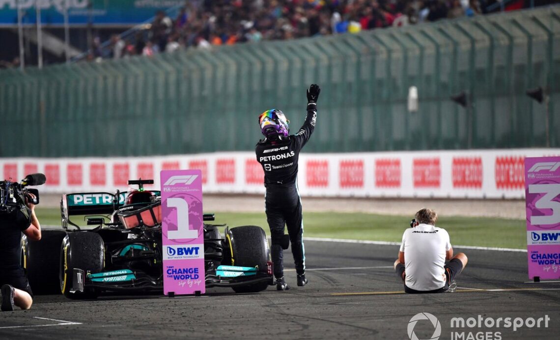 Lewis Hamilton, Mercedes, 1st position, celebrates on arrival in Parc Ferme