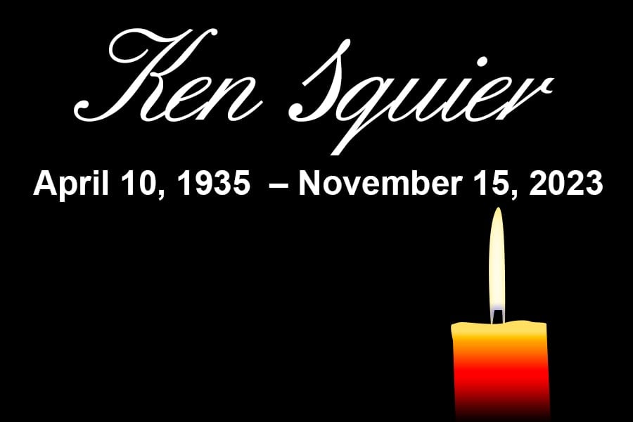 Text with Ken Squier with the dates of April 10, 1935, to November 15, 2023.