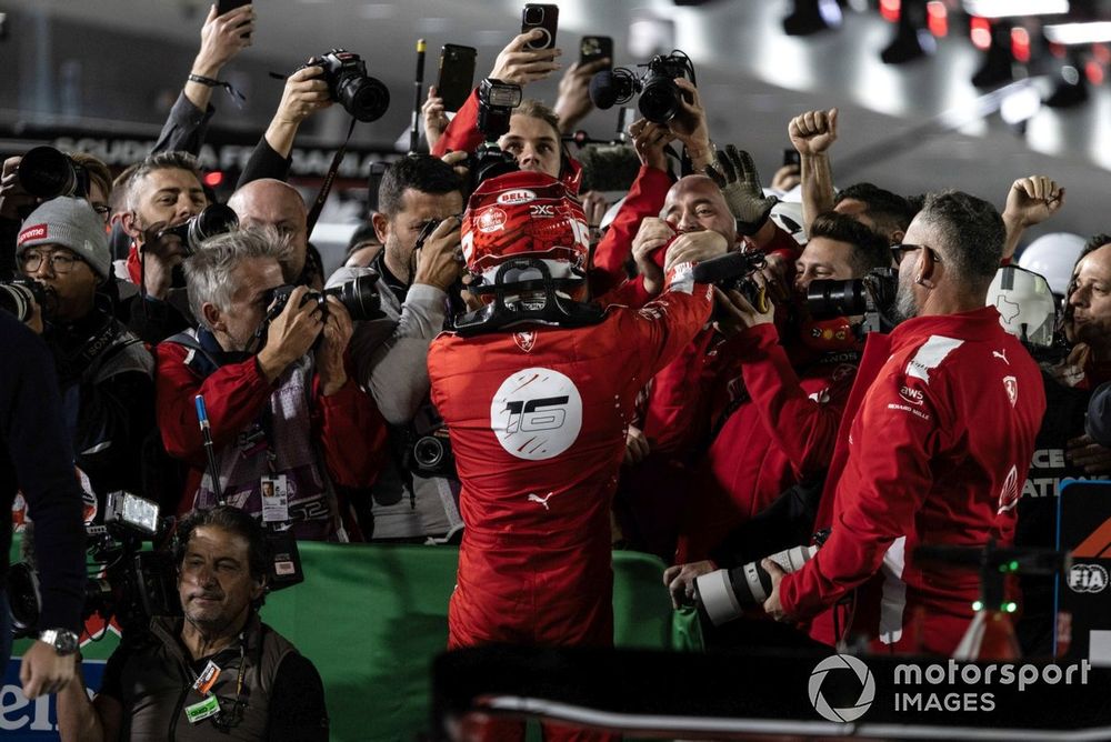 Charles Leclerc, Scuderia Ferrari, 2nd position, celebrates with his team on arrival in Parc Ferme