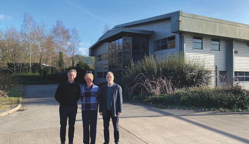 From left to right, Chris Waters, Rosie De Smit and Neil Main standing outside the Micrometric building