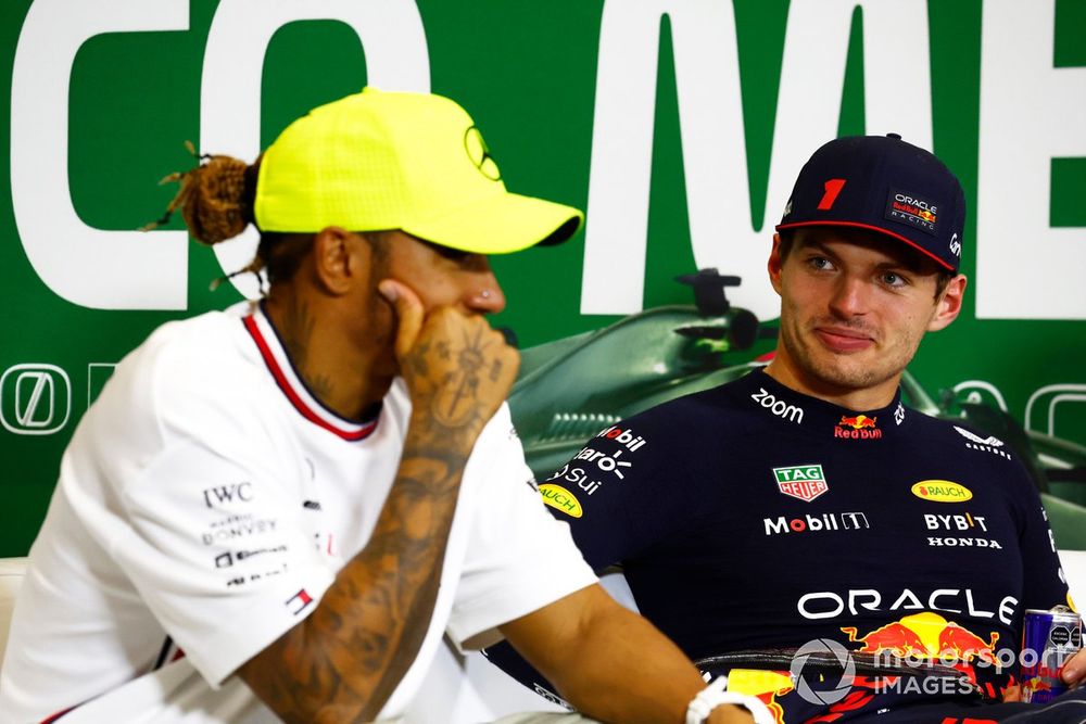 Lewis Hamilton, Mercedes-AMG and Max Verstappen, Red Bull Racing at the post race press conference