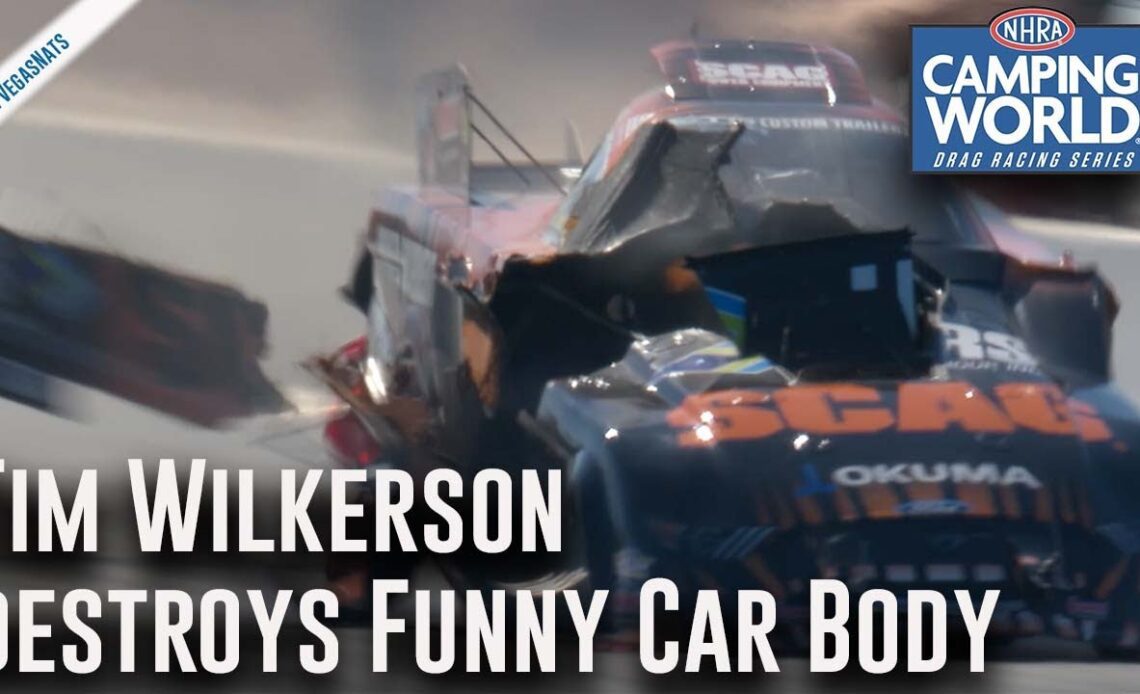 Tim Wilkerson destroys his Funny Car body at Nevada Nationals