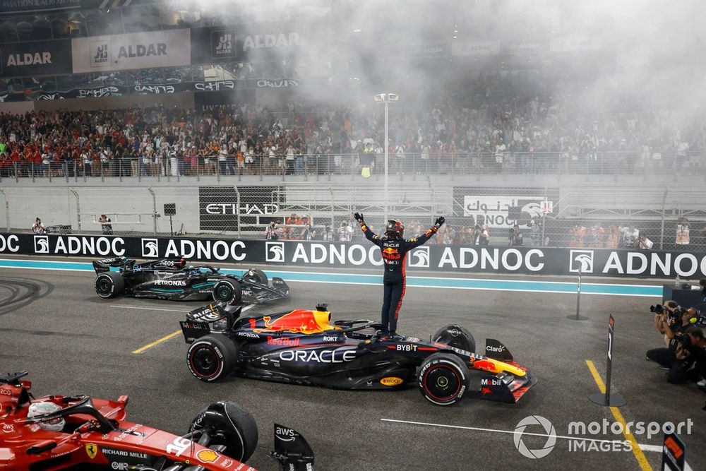Max Verstappen, Red Bull Racing, 1st position, celebrates at the end of the race
