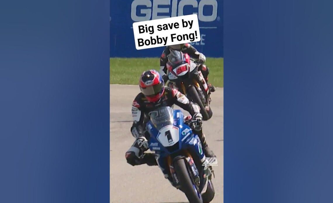 BIG SAVE by Bobby Fong during the Superbike race at Pittsburg. #MotoAmerica #Yamaha #Racing