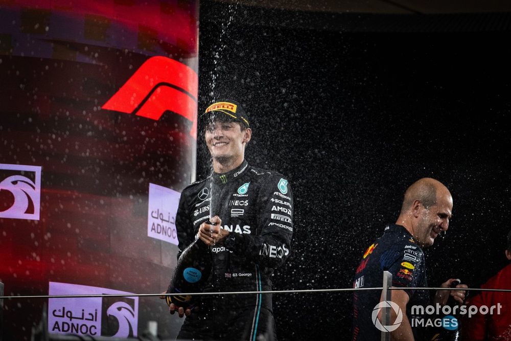 George Russell, Mercedes-AMG, 3rd position, celebrates on the podium