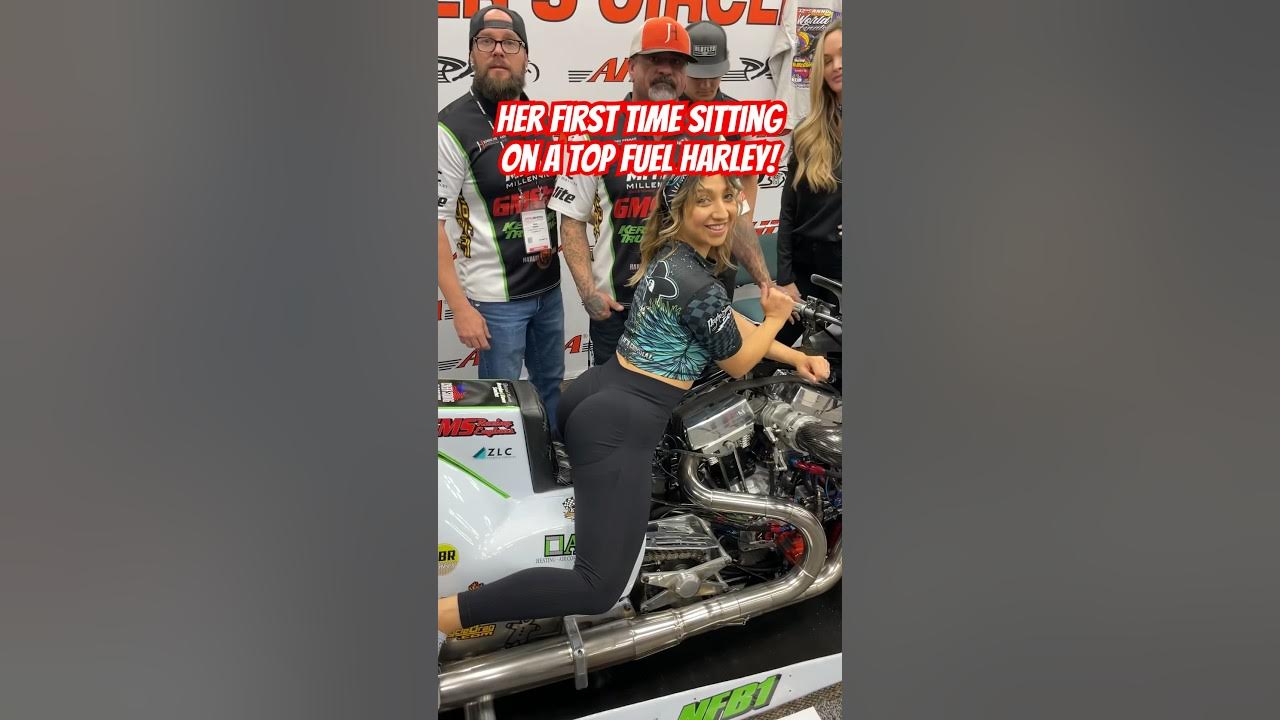 Her Reaction to 1st Time Sitting on a Top Fuel Harley Drag Bike!