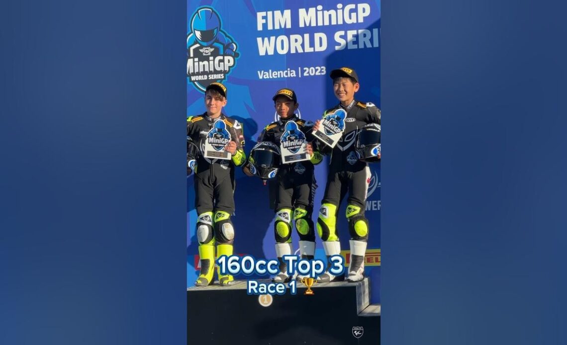 Join the MiniGP Top 3 of 160cc’s Race 1 in parc ferme & the podium! ⚡️🏆 #RoadToMotoGP🏁