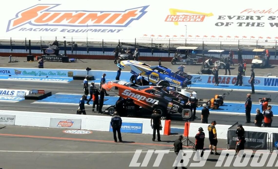 Ron Capps, Cruz Pedregon, Funny Car, Round 2 Eliminations, Lucas Oil Winter Nationals, In N Out Burg