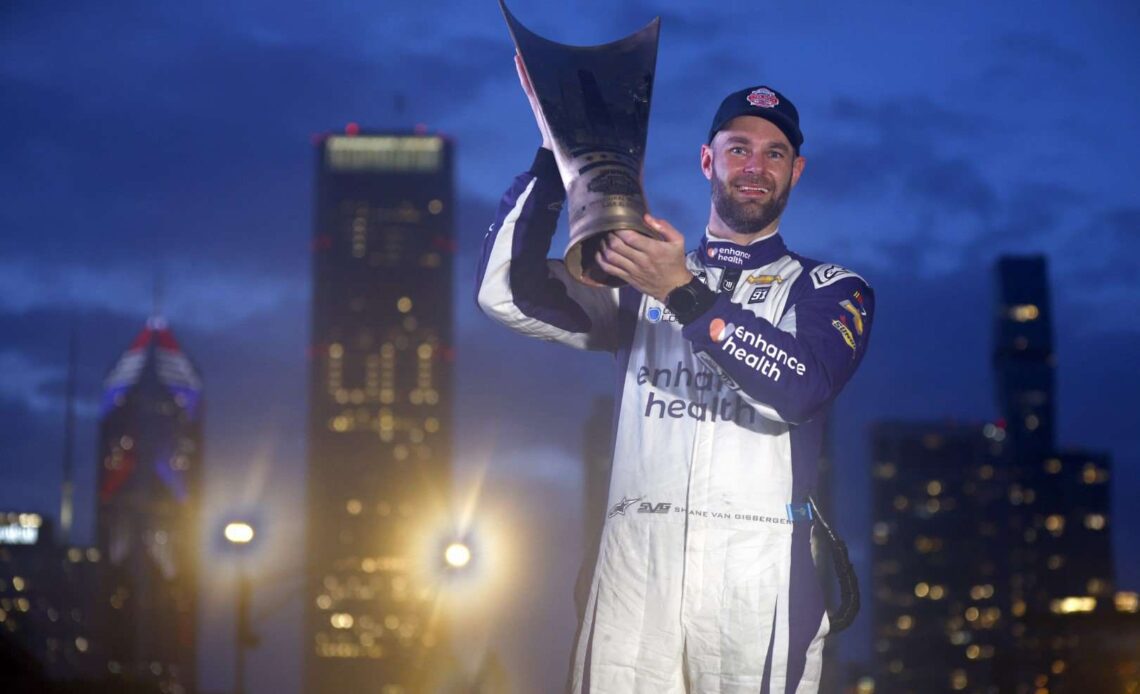 Shane Van Gisbergen, driver of the #91 Enhance Health Chevrolet, celebrates in victory lane after winning the NASCAR Cup Series Grant Park 220 at the Chicago Street Course on July 02, 2023 in Chicago, Illinois. (Photo by Jared C. Tilton/Getty Images)