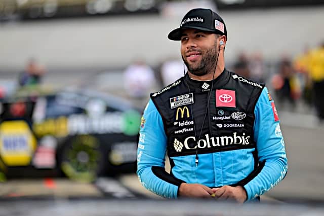 NASCAR Cup Series driver Bubba Wallace prepares for qualifying for the Bass Pro Shops Night Race at Bristol Motor Speedway, NKP