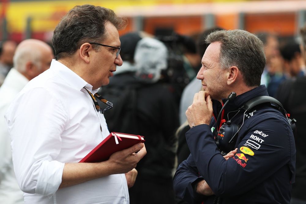 Red Bull Racing Team Principal Christian Horner talks with Nikolas Tombazis, FIA Single Seater Director