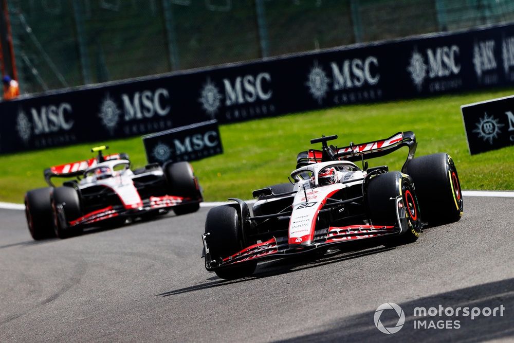 Kevin Magnussen, Haas VF-23, leads Nico Hulkenberg, Haas VF-23