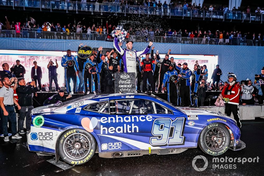 Shane van Gisbergen, Trackhouse Racing, Enhance Health Chevrolet Camaro celebrates in victory lane