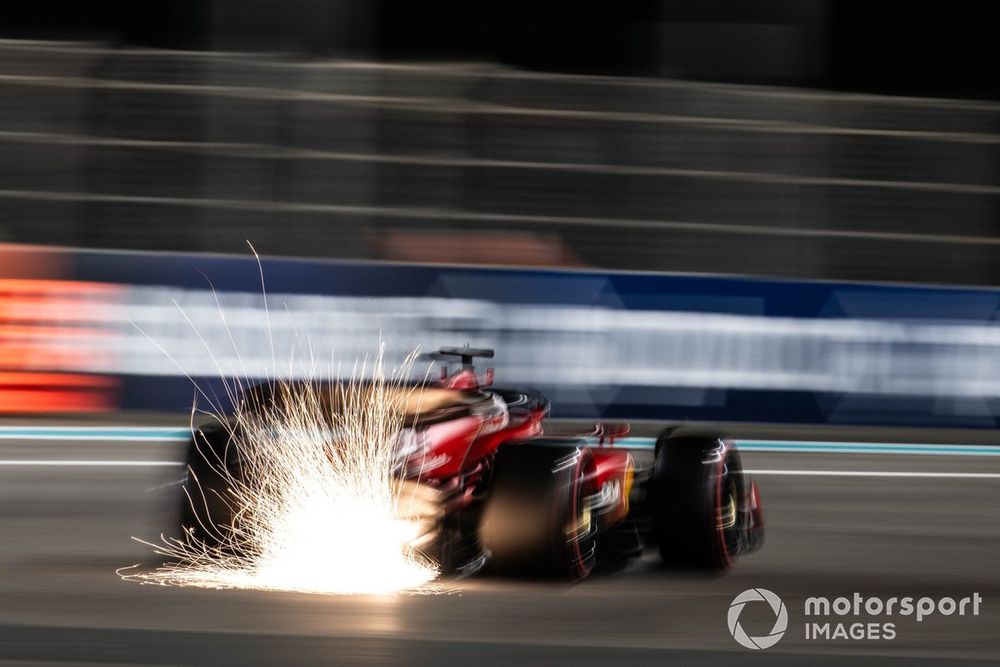 Sparks fly from the car of Charles Leclerc, Ferrari SF-23