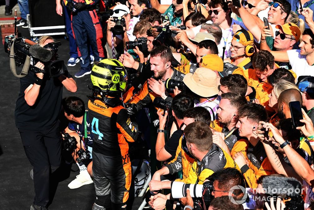 Lando Norris, McLaren, 2nd position, celebrates with his team on arrival in Parc Ferme