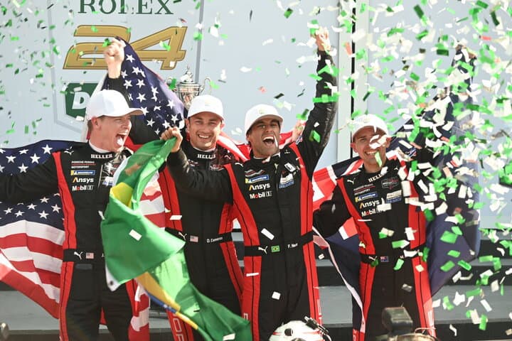 Dane Cameron, Matt Campbell, Felipe Nasr and Josef Newgarden celebrate their victory in the Rolex 24 at Daytona, 1/28/2024 (Photo: Phil Allaway)